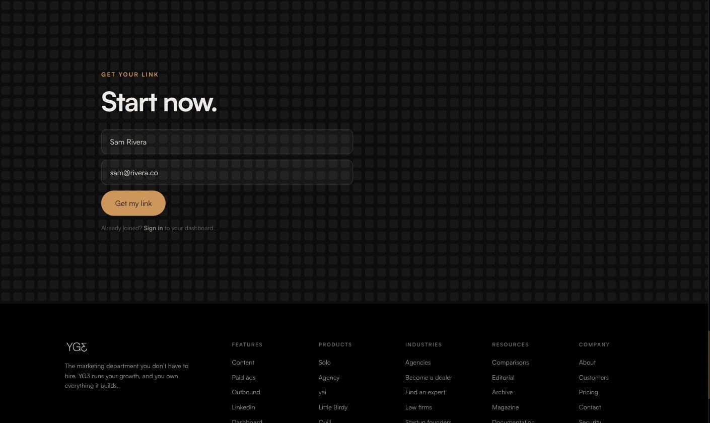 The signup form on the YG3 affiliates page, with a name and email filled in