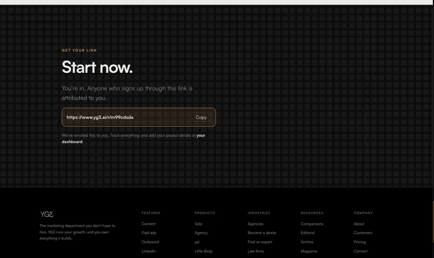 The referral link issued after signup, with a Copy button