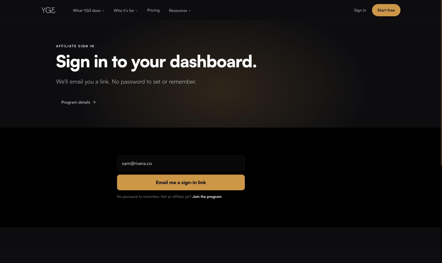 The affiliate sign-in page with an email address entered