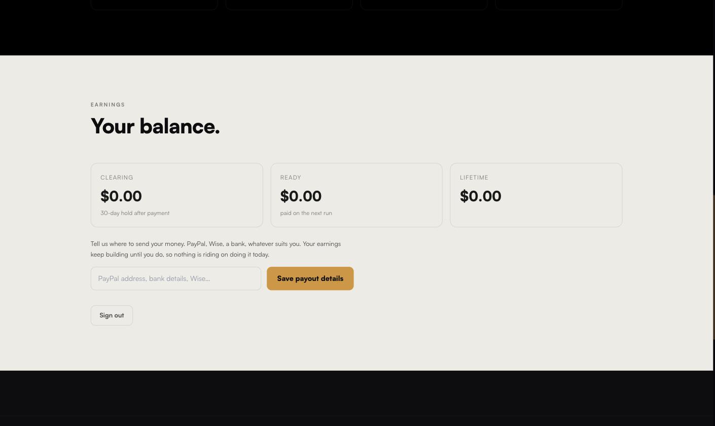 The balance section of the affiliate dashboard, with the payout details field
