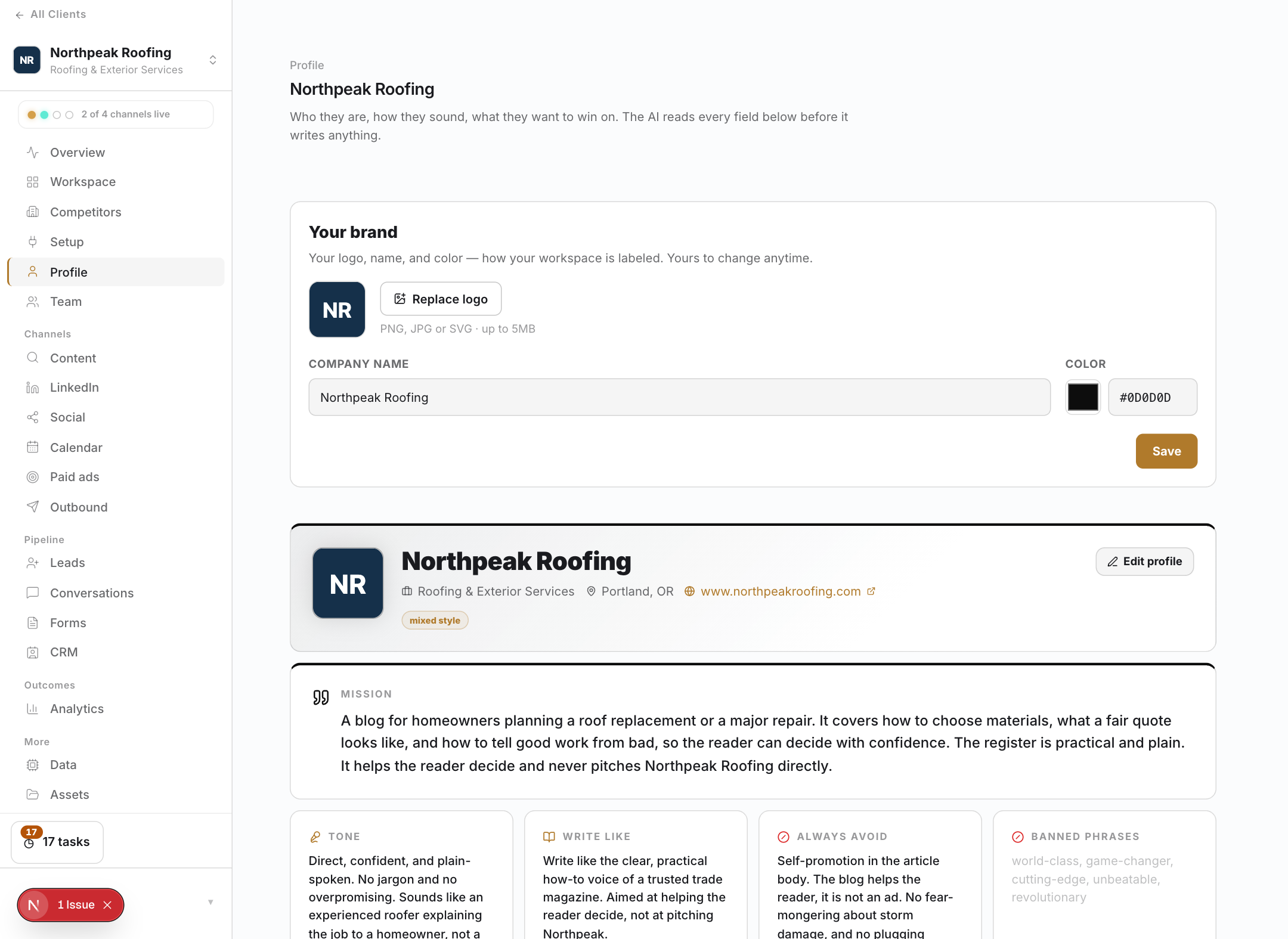 A client Profile with the brand voice block