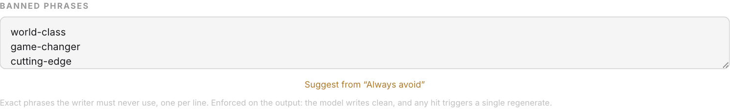 The Banned phrases editor with the Suggest from Always avoid button
