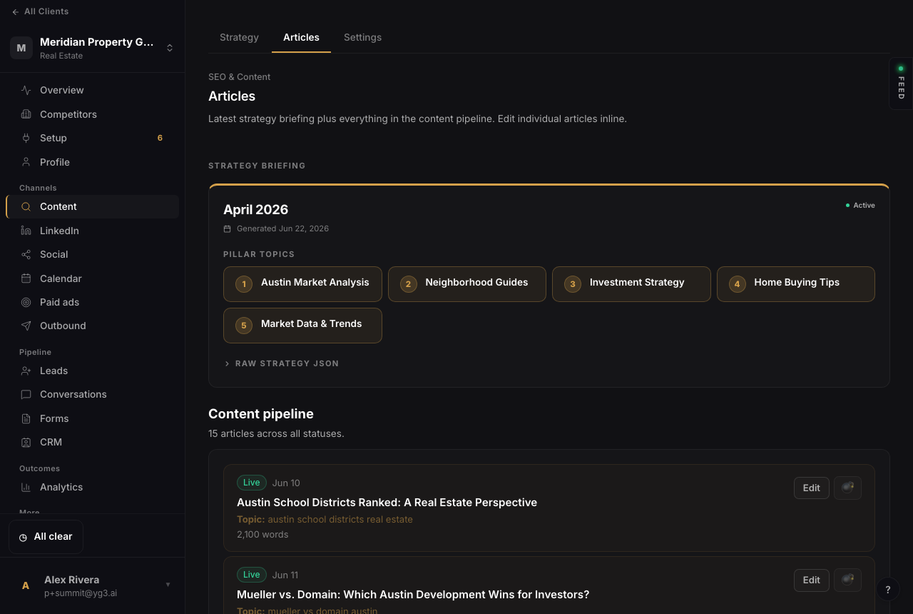 The Articles tab: strategy briefing with pillar topics and the article pipeline