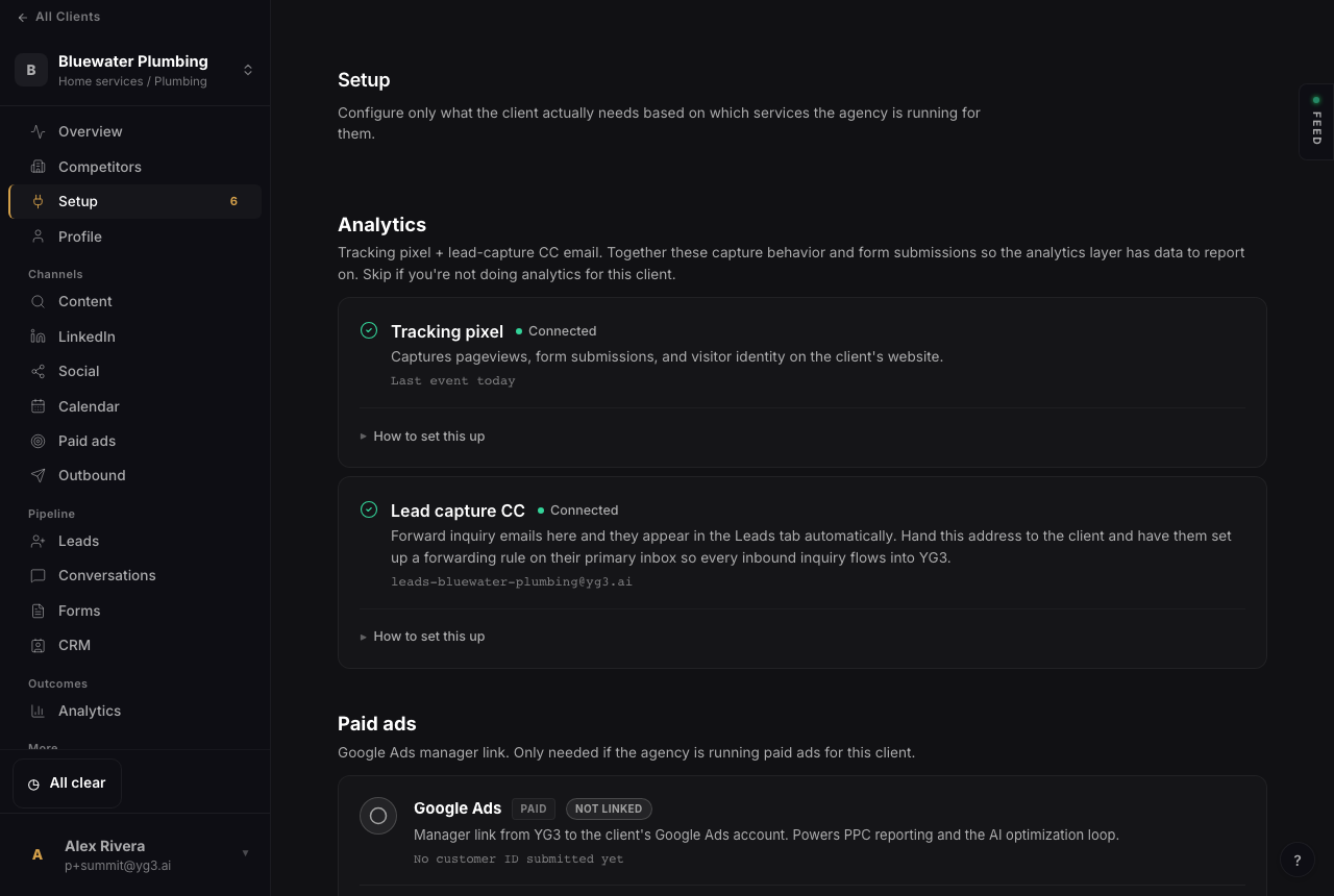 The Analytics section: tracking pixel and lead capture