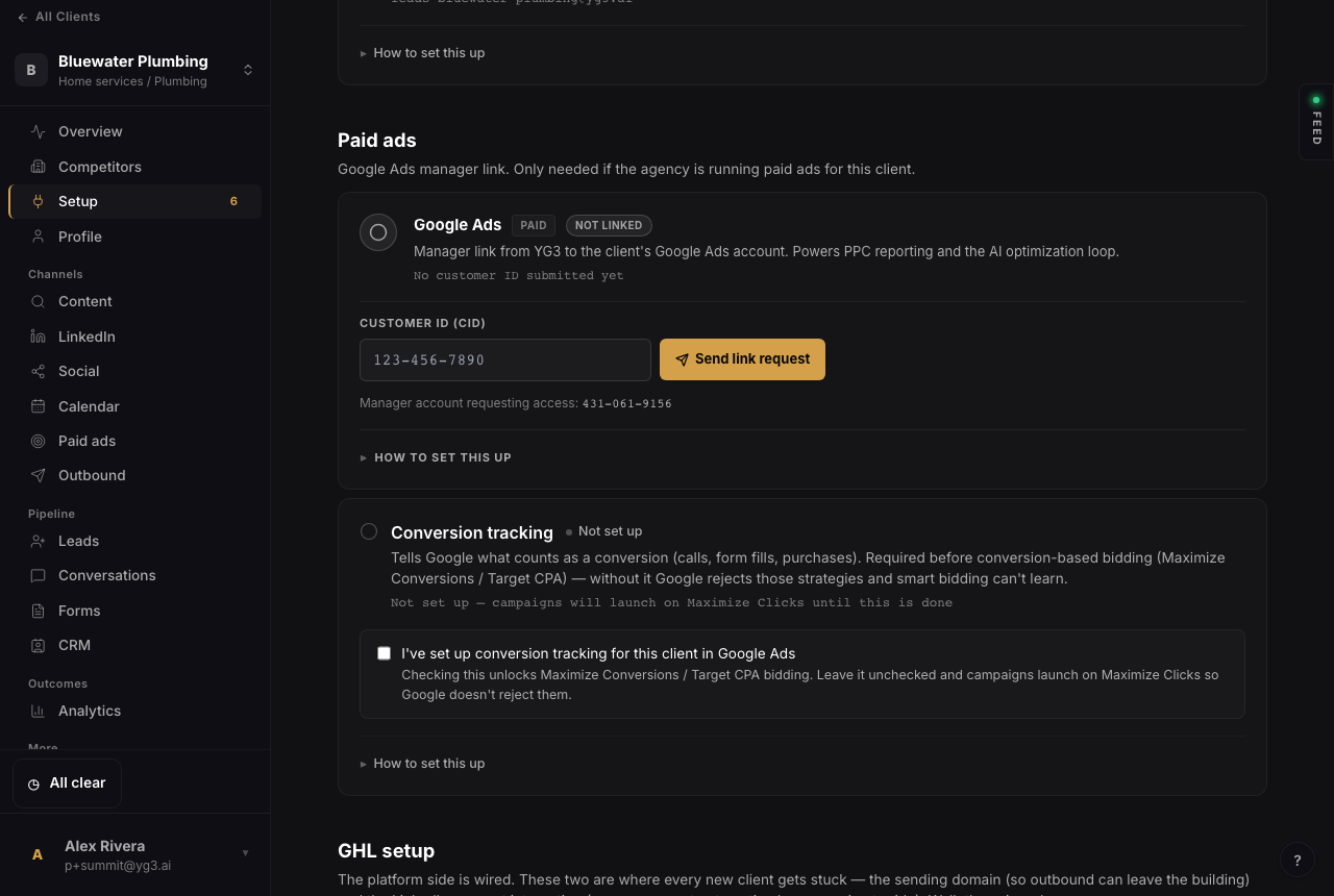 The Paid ads section: Google Ads link request and conversion tracking