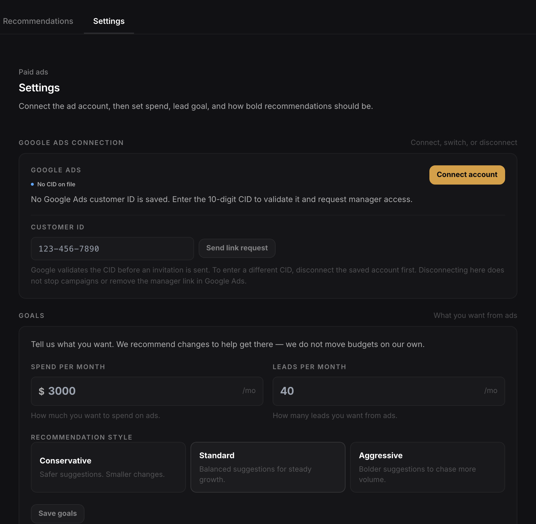 Paid ads Settings with the Google Ads connection card