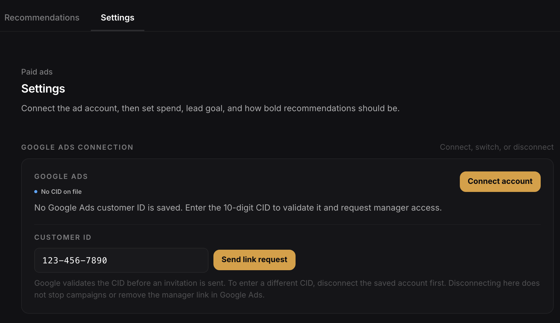 CID entered with Send link request enabled