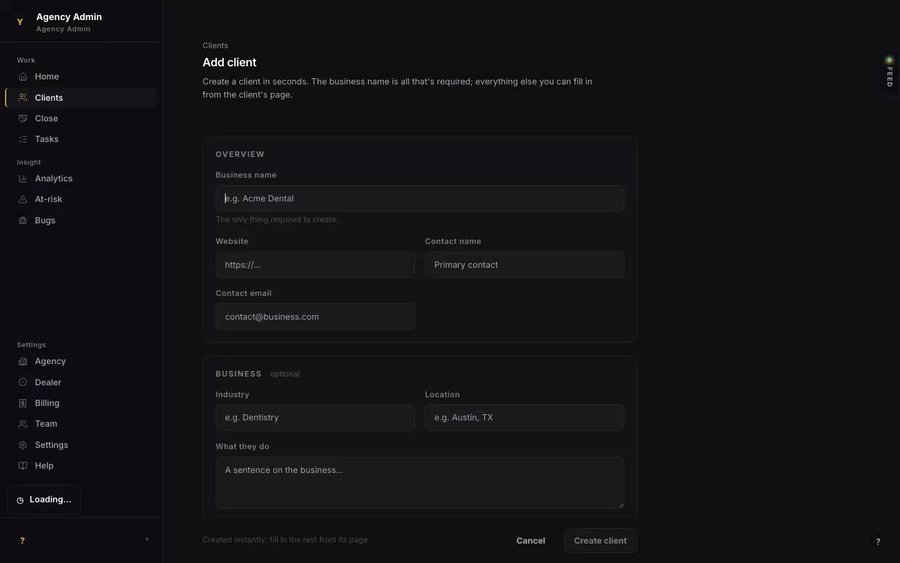 Adding a client and creating the account