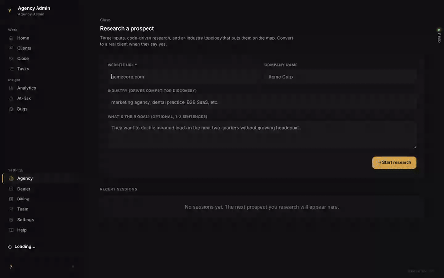 The Close workspace with the dealer signup links