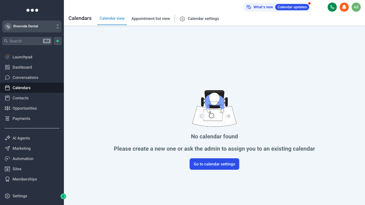 The Calendars view in GoHighLevel