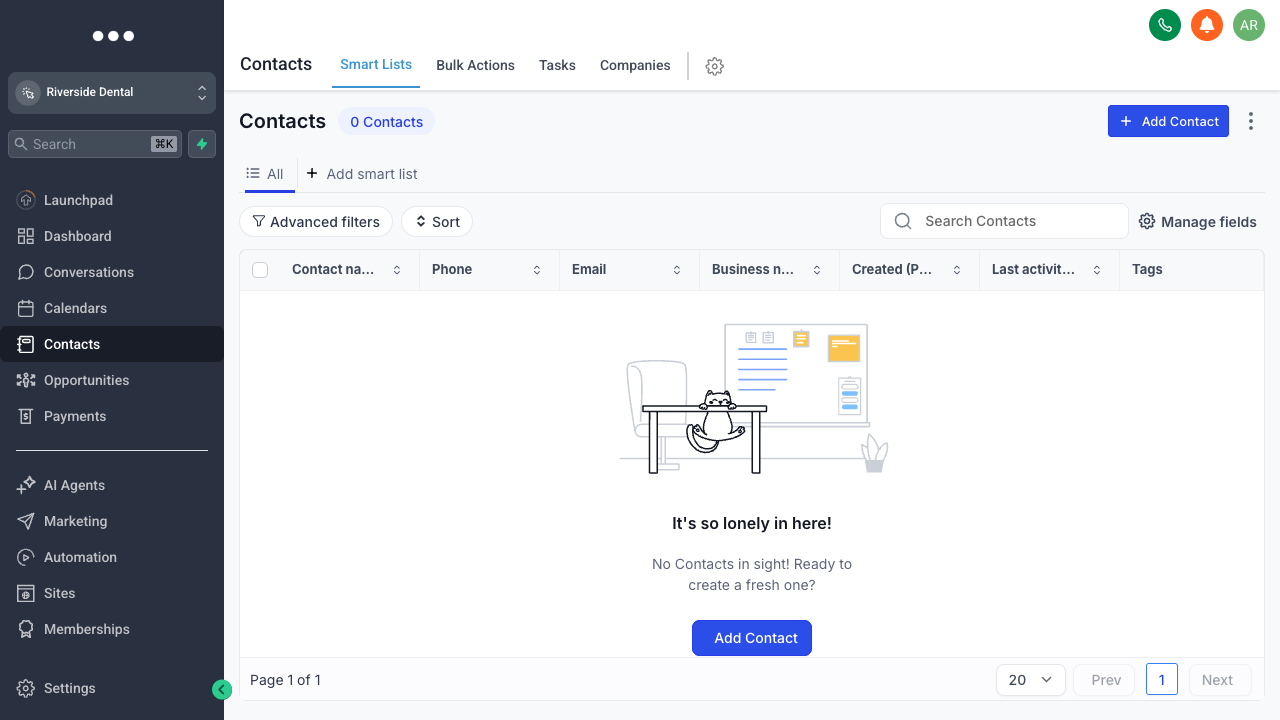 The Contacts (Smart Lists) view in GoHighLevel