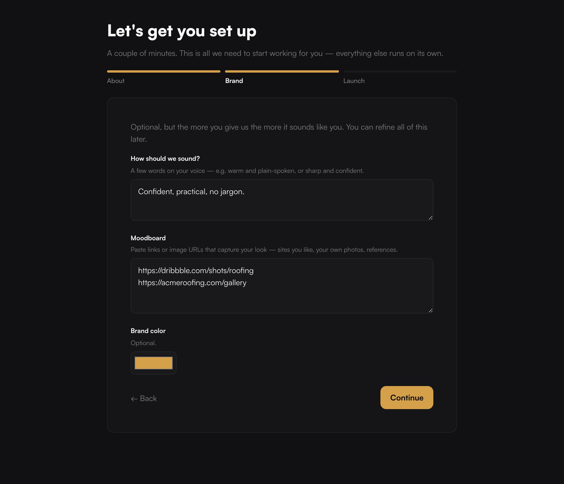 Onboarding step two, Brand