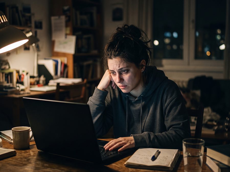 A woman working late at a desk, lit by her laptop
